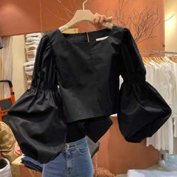 Crop Square Collar Lantern Sleeve Tunic Shirts