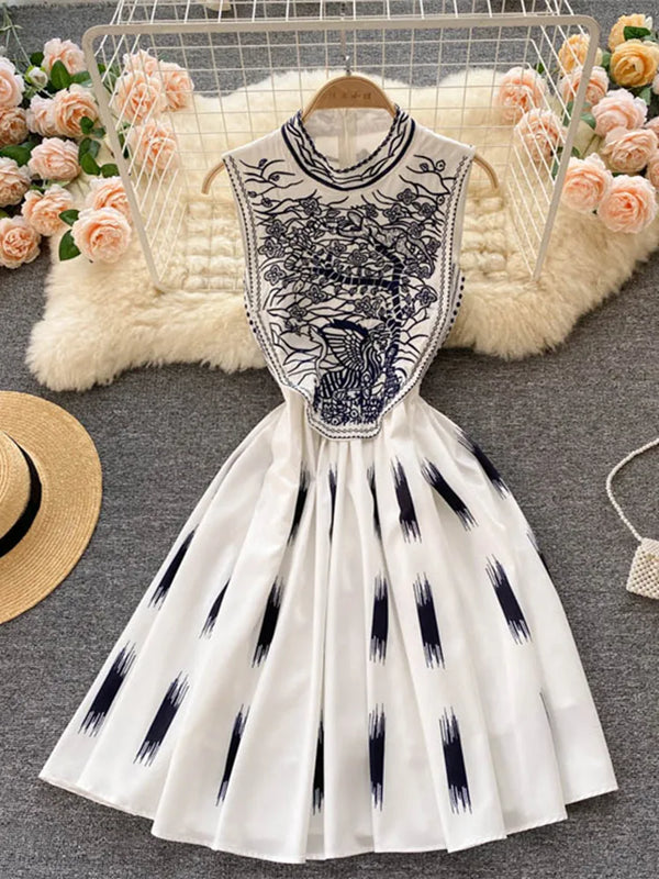 Sleeveless Collar Floral Embroidery High Waist Zipper Dress