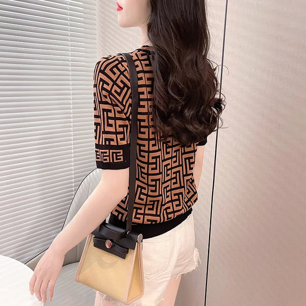 Contrast Jacquard Plaid Tops Short Sleeve Knitted TShirts
