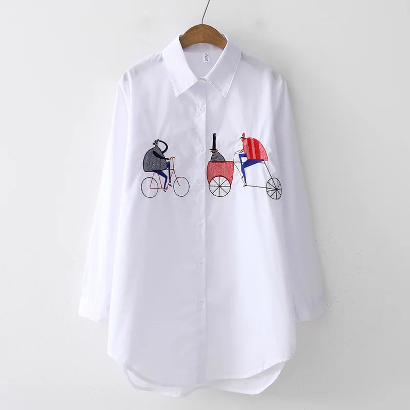 New White Button Long Sleeve Cotton Blouse Embroidery