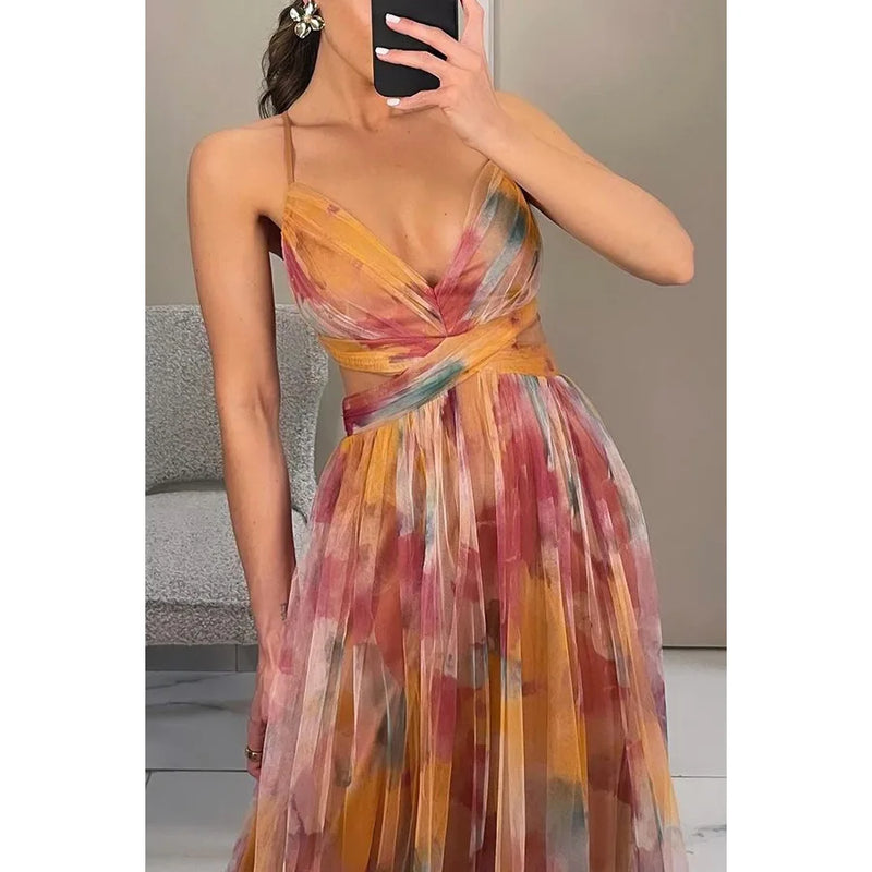 Elegant Floral Suspender Long Dress