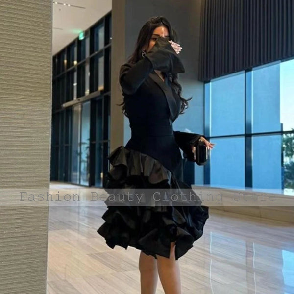 Elegant Cocktail Dresses Black Satin Ruffles