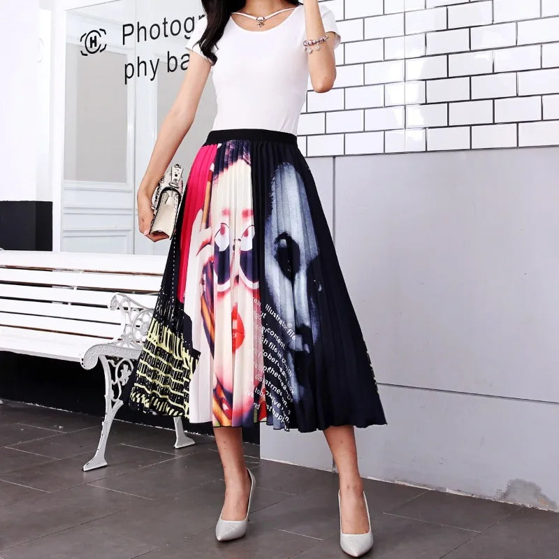 Cartoon Print Pleated Long High Waist A-Line Elastic Blue Pink Skirt