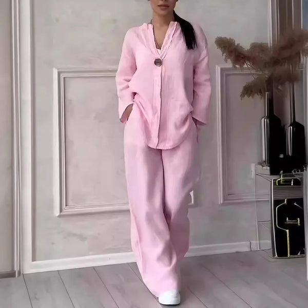 Cotton Linen Long Sleeve Button Loose Blouse Shirt & High Elastic Wide Leg Loose Pant