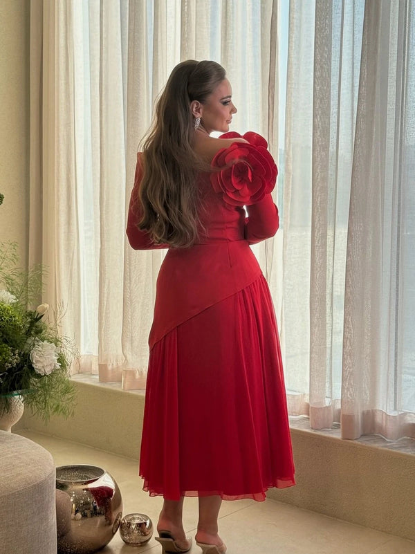 Elegant Vintage Sweet Red Flowers Ruffle Chiffon Dress