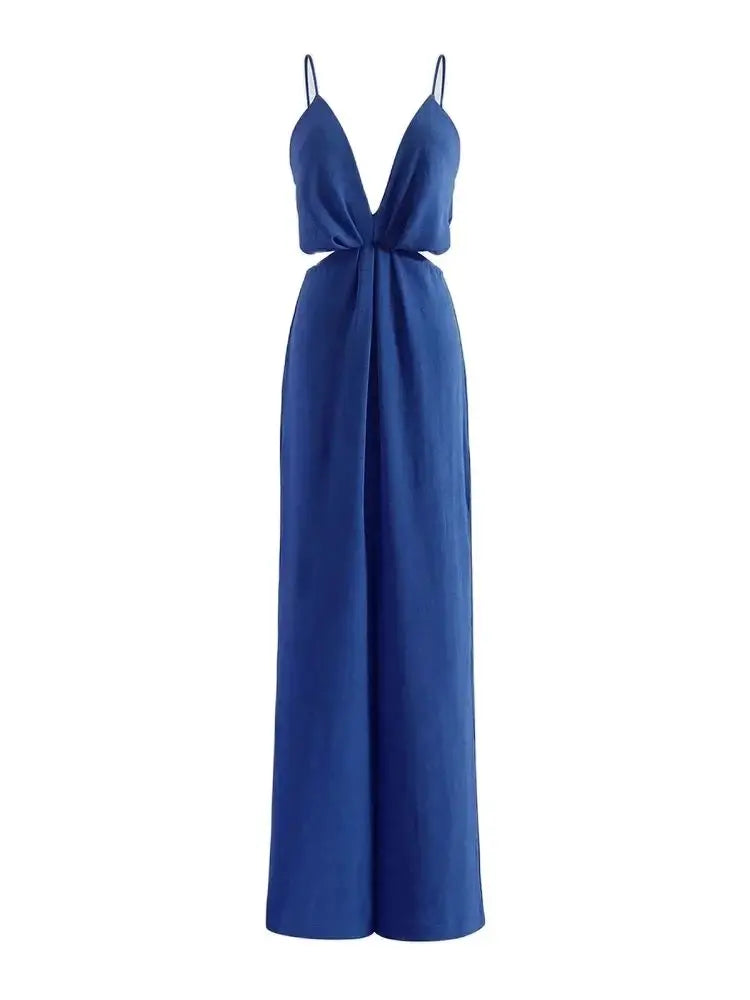 Pleated Wide Leg Jumpsuits, Sexy Backless With Zipper,