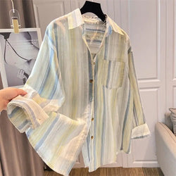 Cotton and Linen Contrasting Striped Long-sleeved Shirt Chic Top