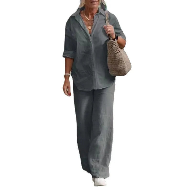 Cotton Linen Long Sleeve Blouse Shirts & High Elastic Wide Leg Trousers Suits