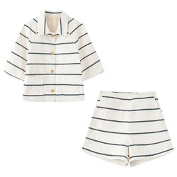 Striped Single-breasted Lapel Half Sleeves Tops Loose High Waist Short