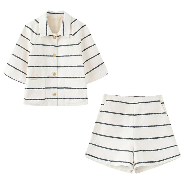 Striped Single-breasted Lapel Half Sleeves Tops Loose High Waist Short
