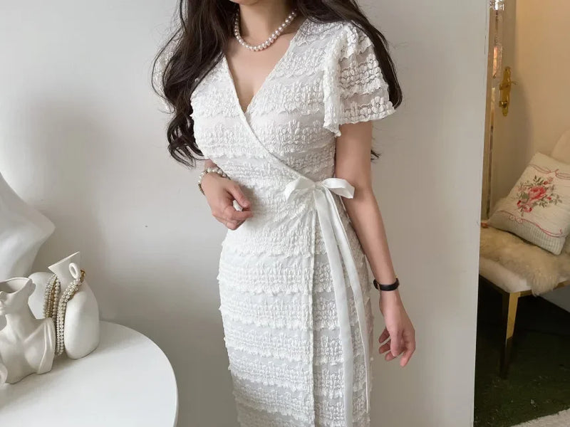 Elegant Bodycon V-neck Short Sleeve Long Dress
