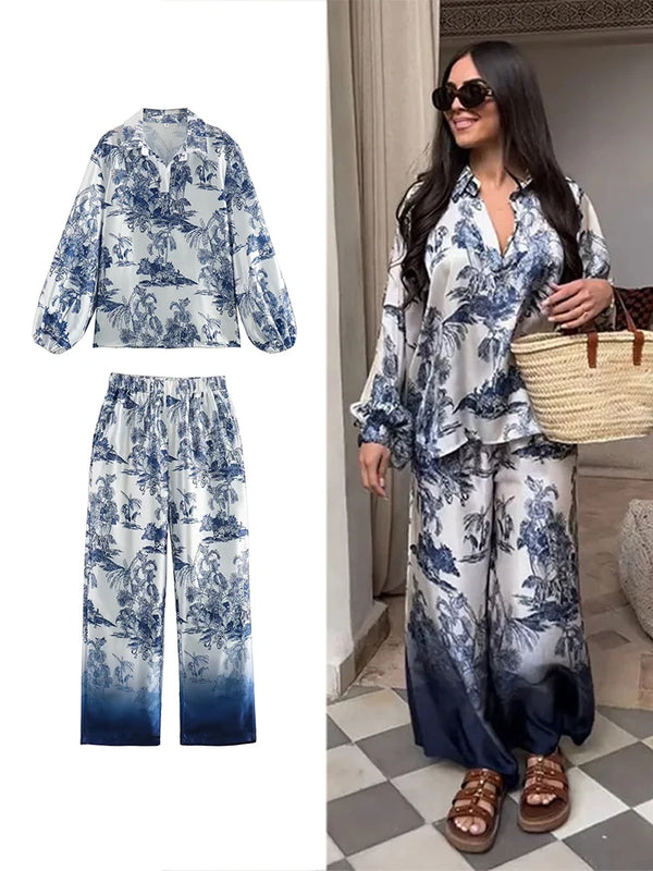 Elegant Long Sleeve Lapel Shirt Loose High Waisted Wide Leg Pants