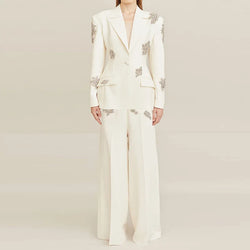 White Blazers Beaded Wide Leg Pants Set