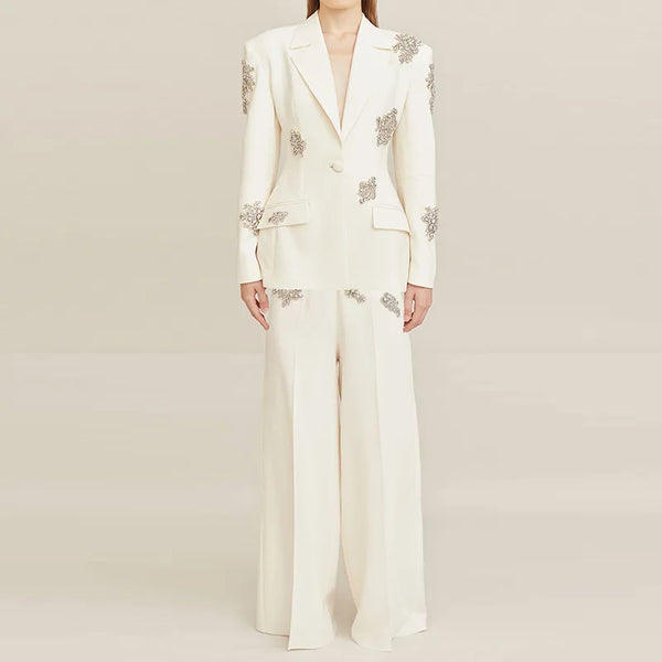 White Blazers Beaded Wide Leg Pants Set