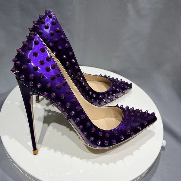 Purple Spikes Rivets Pointed Toe High Heels