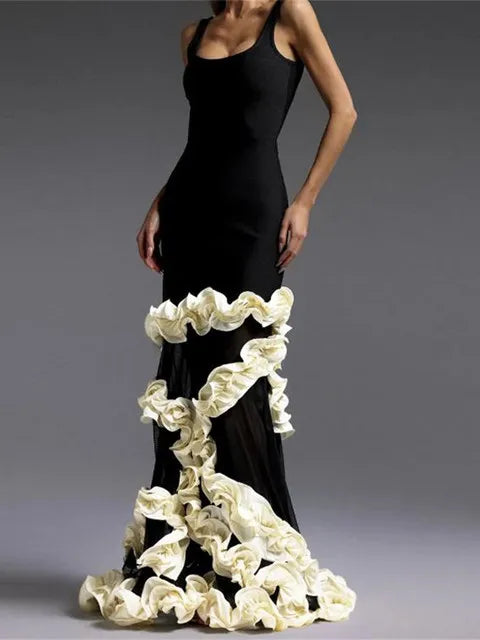 Square Neck Sleeveless Mesh Ruffle Trim Bodycon Dress with Train