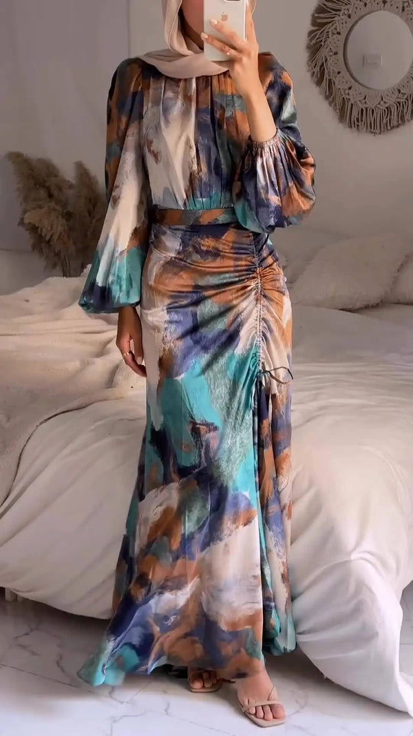 Exotic Floral Printed Long Skirt with Pleated Waist Dress