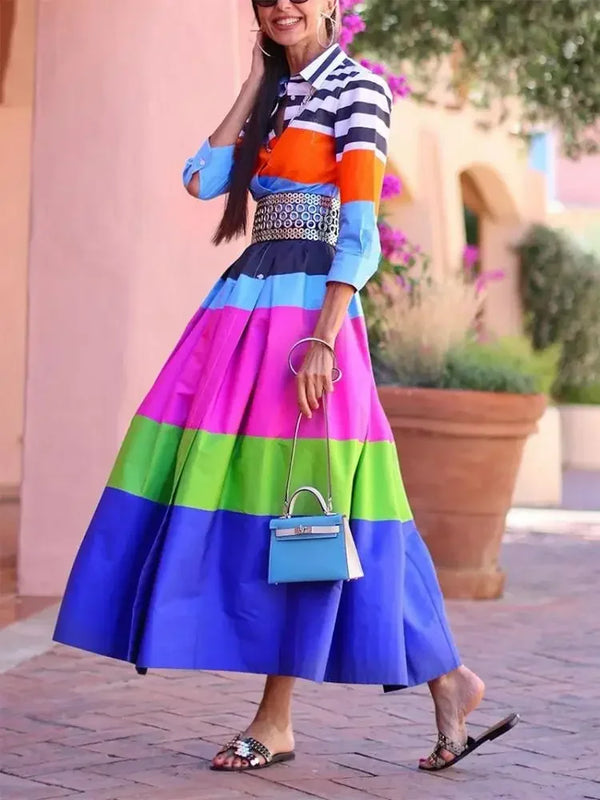 Contrast Color Striped Shirt Dress
