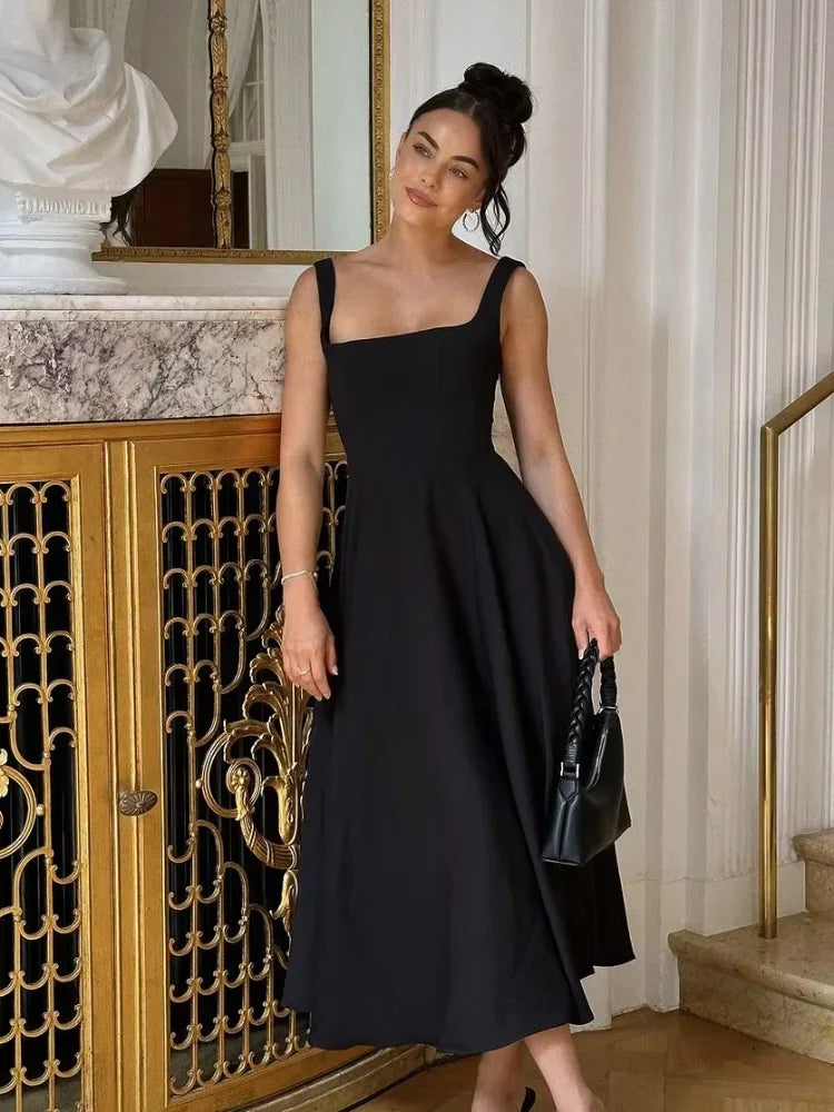 Elegant Solid Square Neck Sleeveless Slim High Waist Dress