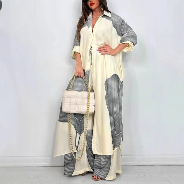 Elegant Printed Long Shirt Top + Wide Leg Pants 2-pieces