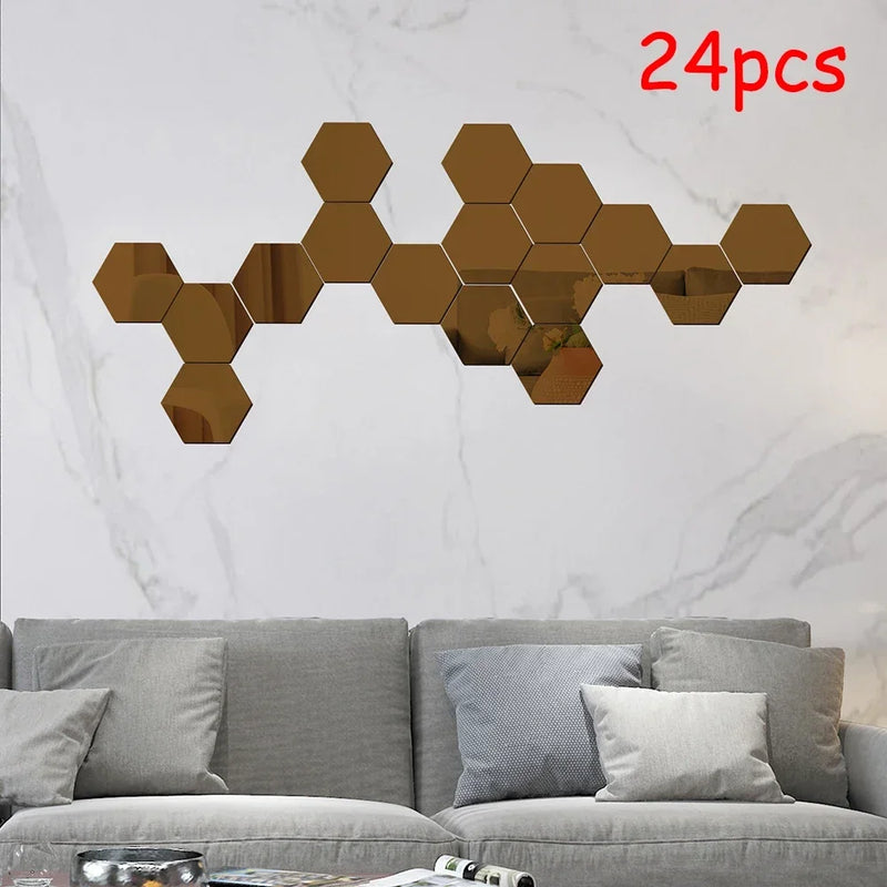 24pcs Hexagon Mirror Gold Self Adhesive Mosaic Tiles Wall Sticker