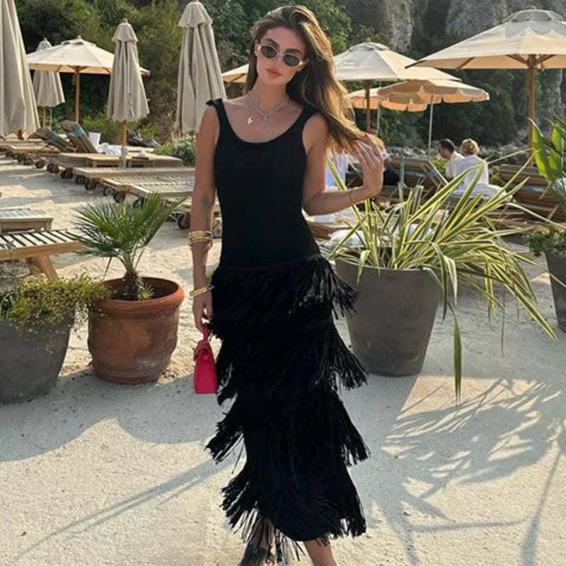 Knitted High Waisted Sleeveless Tassel  Elegant Dress