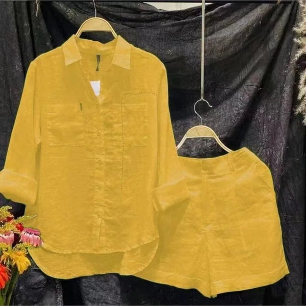 Summer Cotton Linen White Long Sleeve Shirt And Shorts Tracksuit