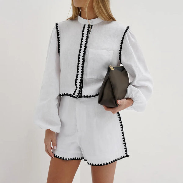Elegant Round Neck Long Sleeved & High Waist Shorts