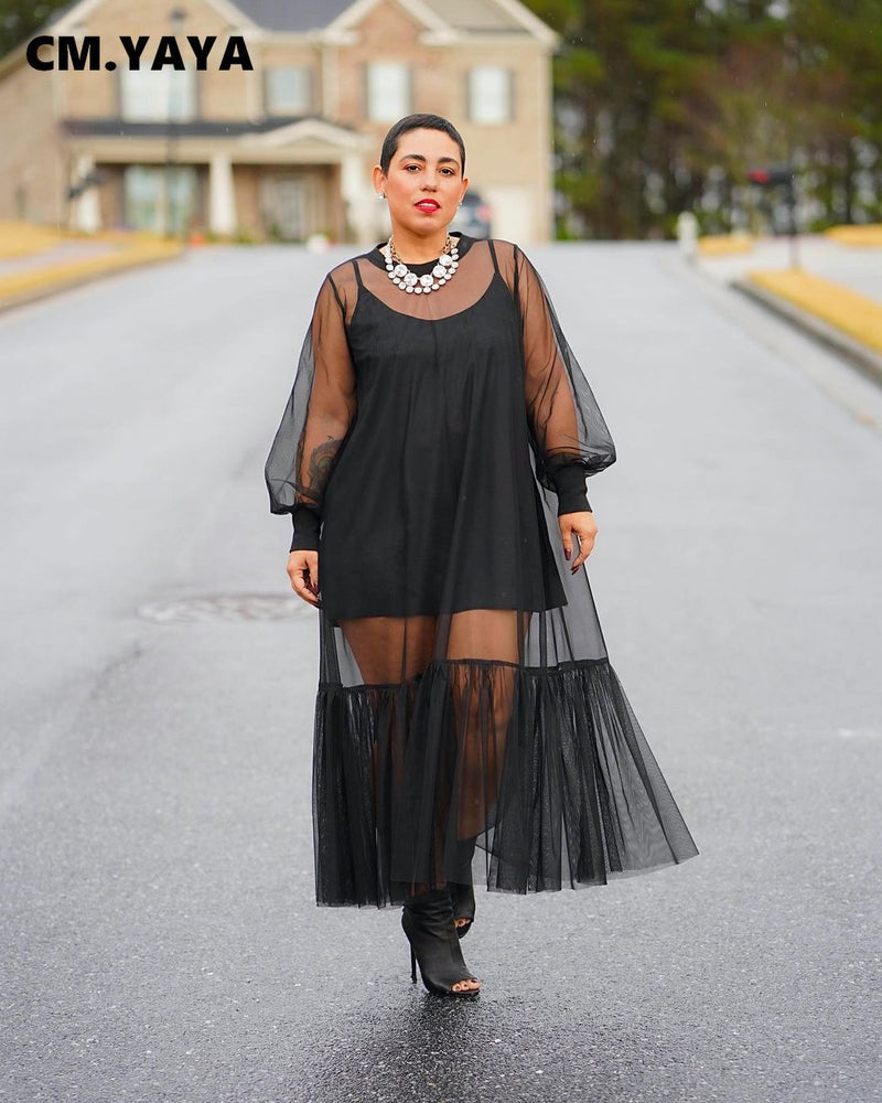 Black Mesh Ruffles Hem Long Sleeve Dress