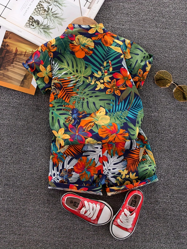 Summer Leaf Flower Standing Neck Shirt Short Sleeve