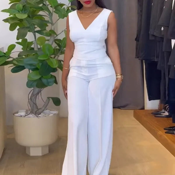 V-Neck Backless Bow Tops & High Waist Casual Pocket Wide Leg Pants