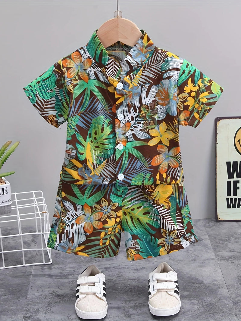 Summer Leaf Flower Standing Neck Shirt Short Sleeve