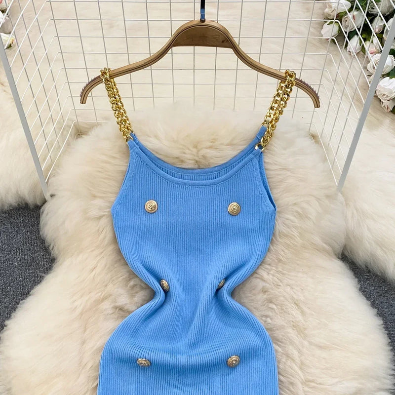 Casual Chain Slip Sleeveless Elastic Knit Bodycon Dress