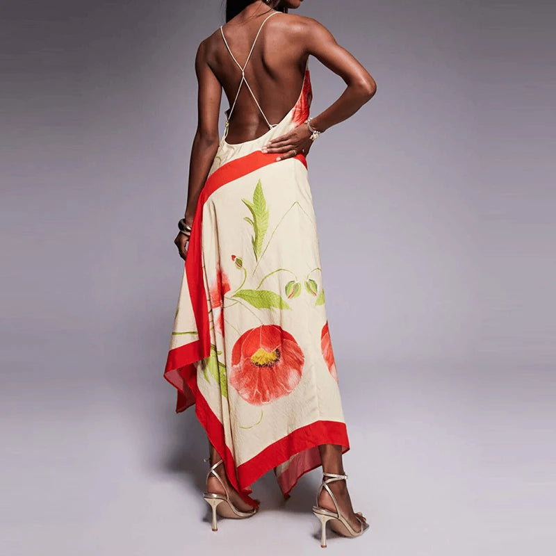 V- Neck Irregular Backless Halter Dress