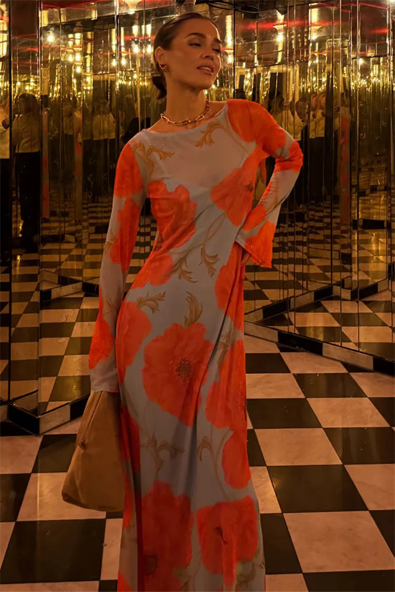 Elegant O Neck Fashion Long Sleeve Slim Patchwork Long Dress