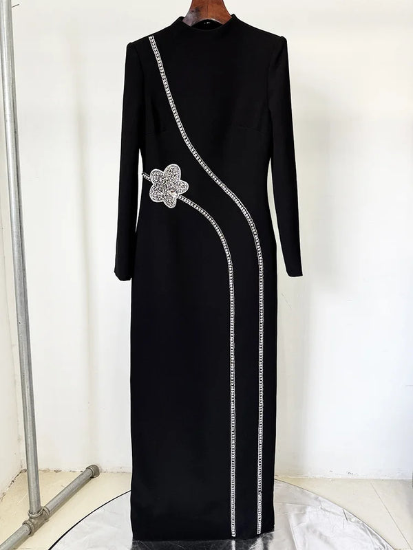 Long Sleeve Diamonds Beading Long Maxi Dress