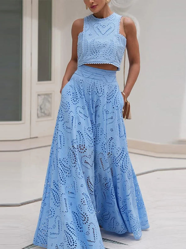 Sleeveless Top Half Skirt Set Embroidered Pocket Long Skirts