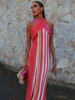 Contrast Striped Halte Off Shoulder Sleeveless Backless Slim Dress