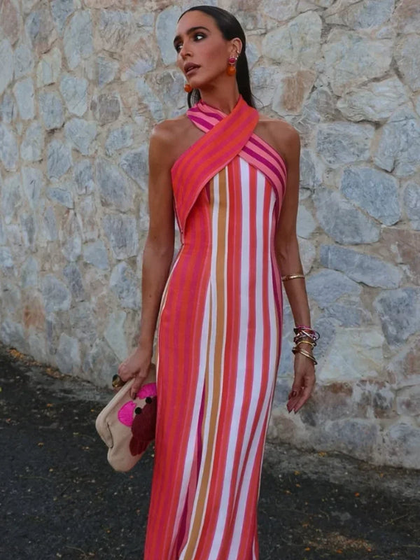 Contrast Striped Halte Off Shoulder Sleeveless Backless Slim Dress