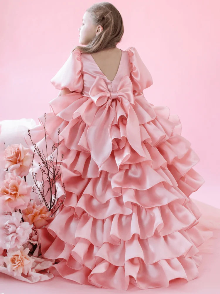 Flower Beige Tiered With Bow And Tailing Short Sleeve Dress
