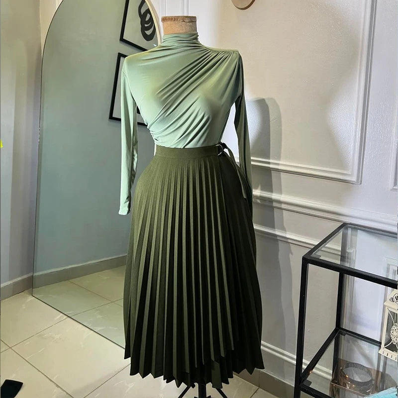 Elegant Pleated Irregular High Waist Buckle Mid-length A-line Skirts