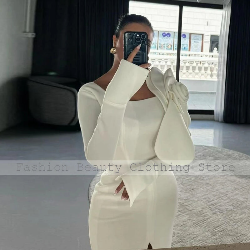 Elegant White Satin Handmade Flower Sheath Square Neck Dress