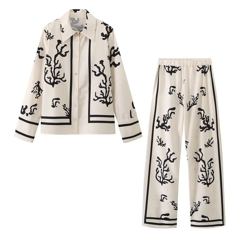 Casual Lapel Long Sleeve Blouse Wide Leg Trousers