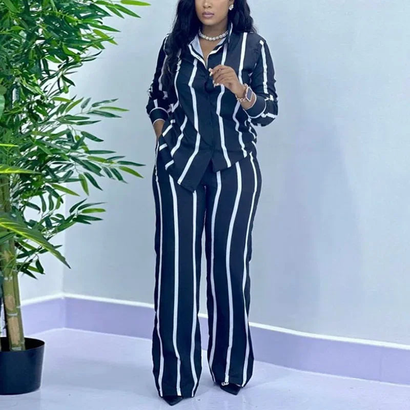 Stripe Long Sleeved Shirt Wide Leg Pants Two Piece