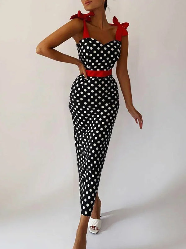 Polka Dot Knot Shoulder Sleeveless Neck Long Dress