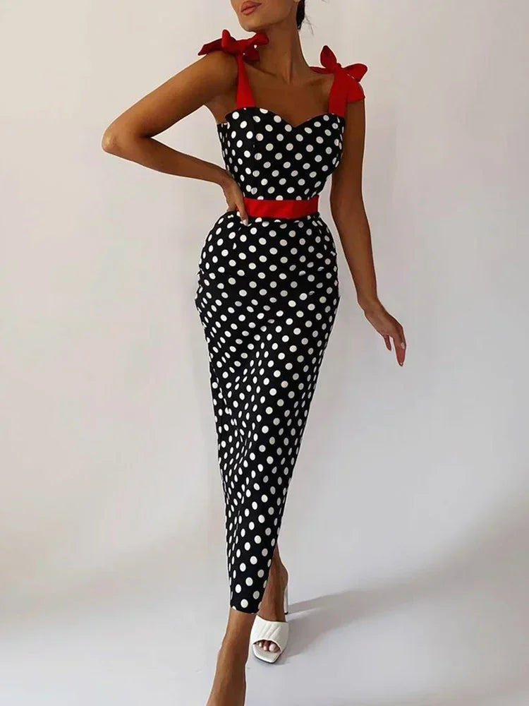 Polka Dot Knot Shoulder Sleeveless Neck Long Dress