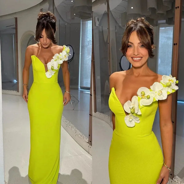 Satin Mermaid Pleat Flowers Evening Dress