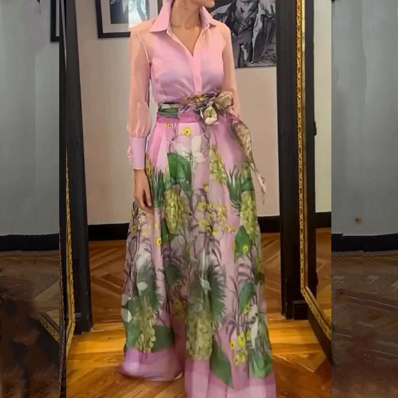Elegant Lapel Lantern Sleeve Shirt + Long Skirt Suit