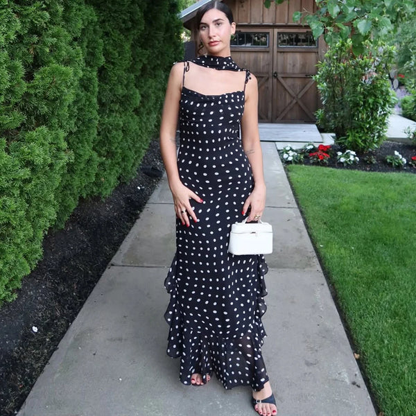 Polka Dot Long Scarf Ribbon Ruffle Halter Pleated Dress