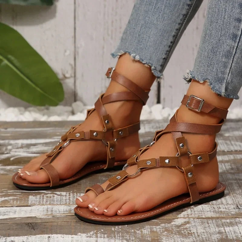 Rivet Buckle Strap Flat with Ankle-wrap Sandals